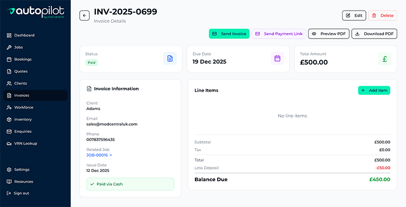 Invoice generation interface