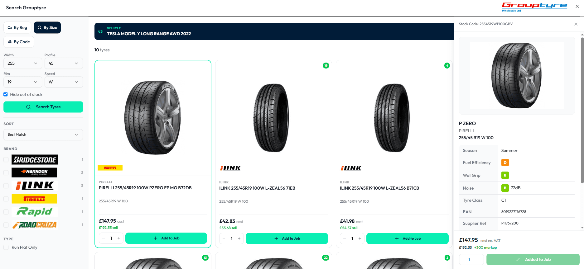 A Pirelli P Zero tyre from Group Tyre open in Autopilot, showing its EU tyre label ratings, cost, sell price with a 30% markup, and added to the job