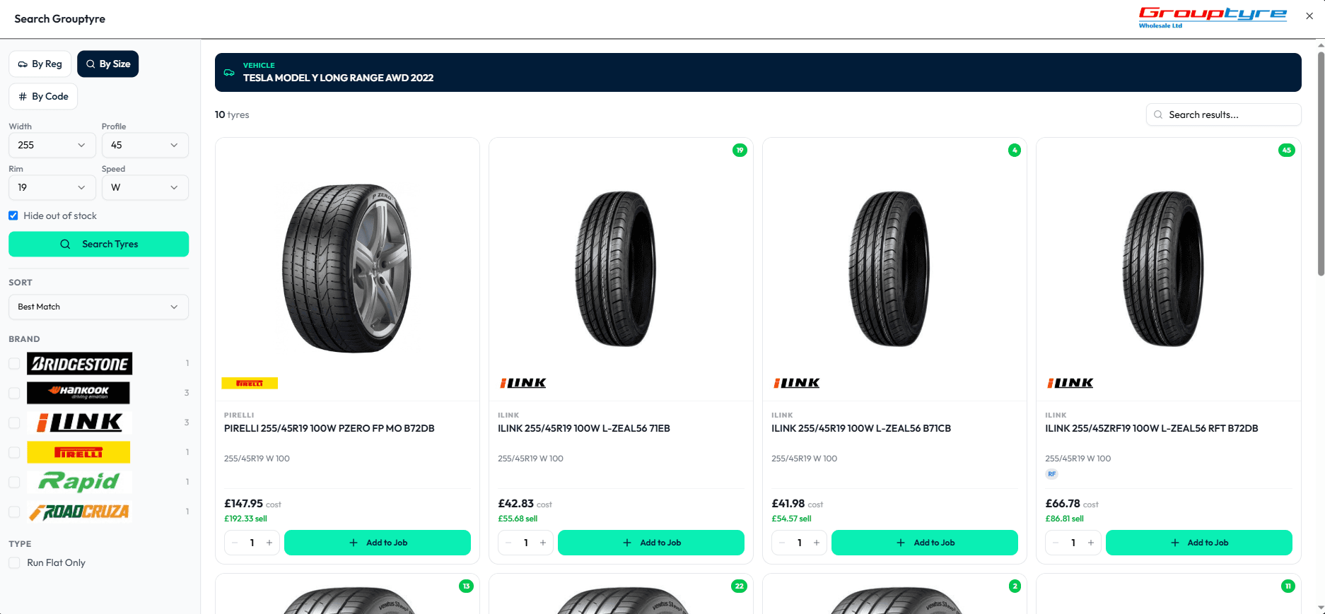 Searching Group Tyre by size inside Autopilot for a Tesla Model Y, showing Pirelli and iLink tyres with cost and sell prices
