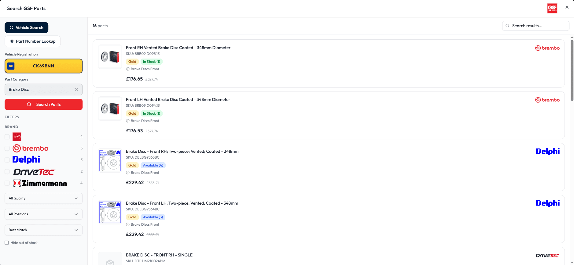 Searching GSF Car Parts for brake discs by registration inside Autopilot, with brands, prices and stock shown
