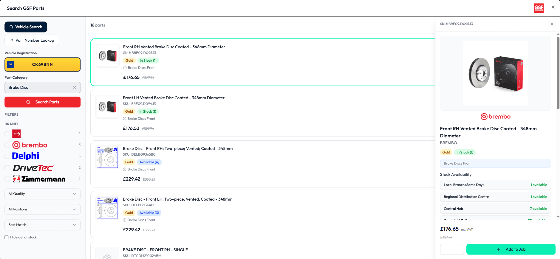 A GSF brake disc open in Autopilot, showing stock at the local branch, regional distribution centre and central hub, with an Add to Job button
