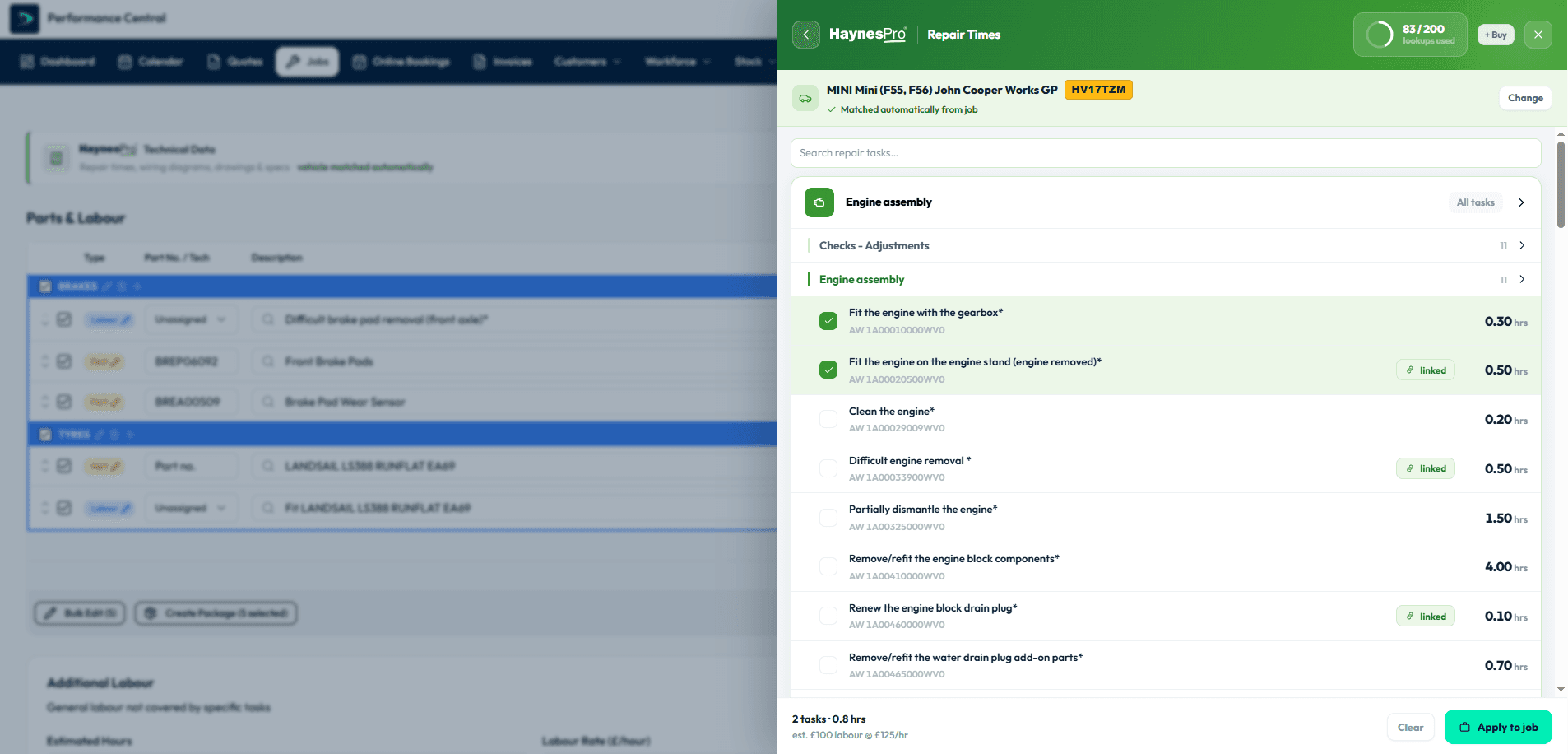 HaynesPro repair times open on a job in Autopilot, with the vehicle matched automatically and engine tasks ticked with their labour hours
