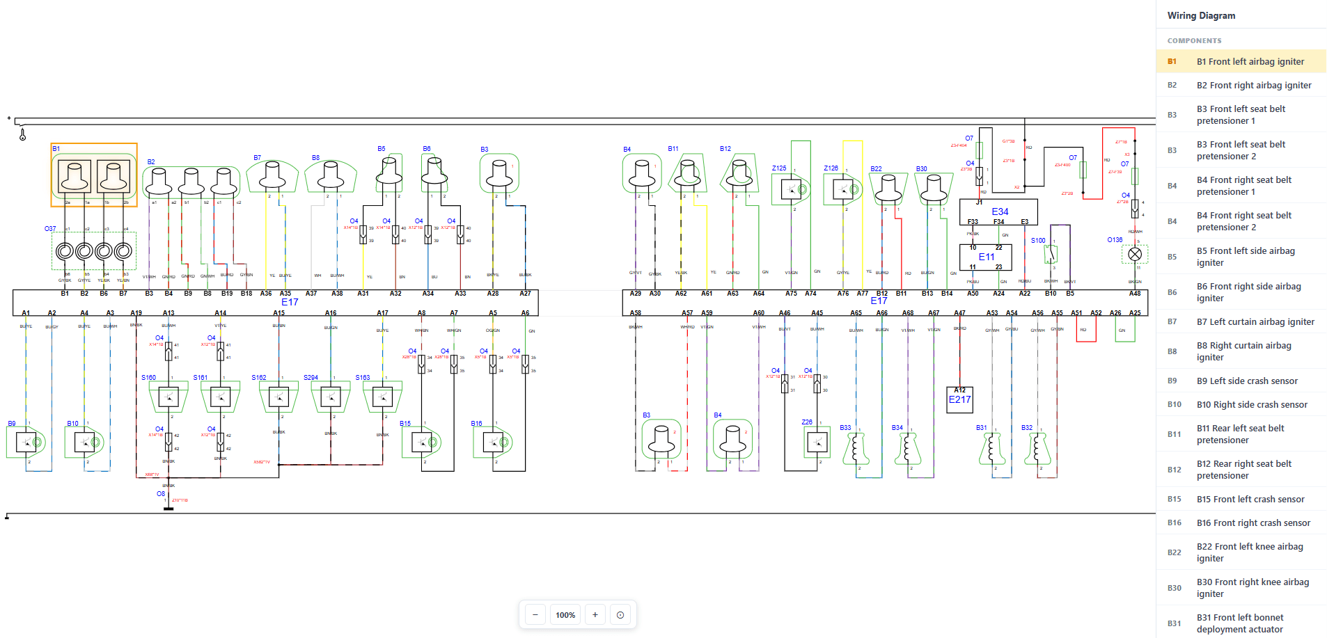 A HaynesPro airbag system wiring diagram in Autopilot, with the components listed alongside and the front left airbag igniter highlighted