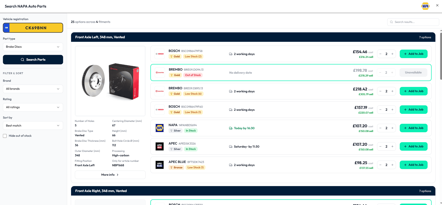 Searching NAPA for brake discs by registration inside Autopilot, with seven options showing brand, stock, delivery time, cost and sell price