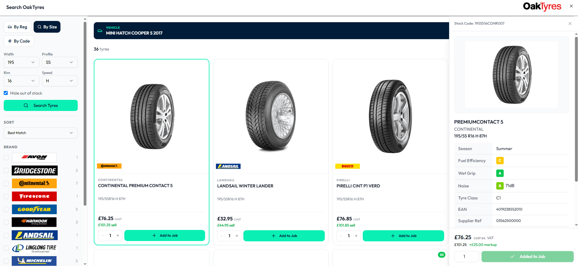 A Continental PremiumContact 5 tyre open in Autopilot, showing its EU tyre label ratings, cost and sell price with markup, and added to the job