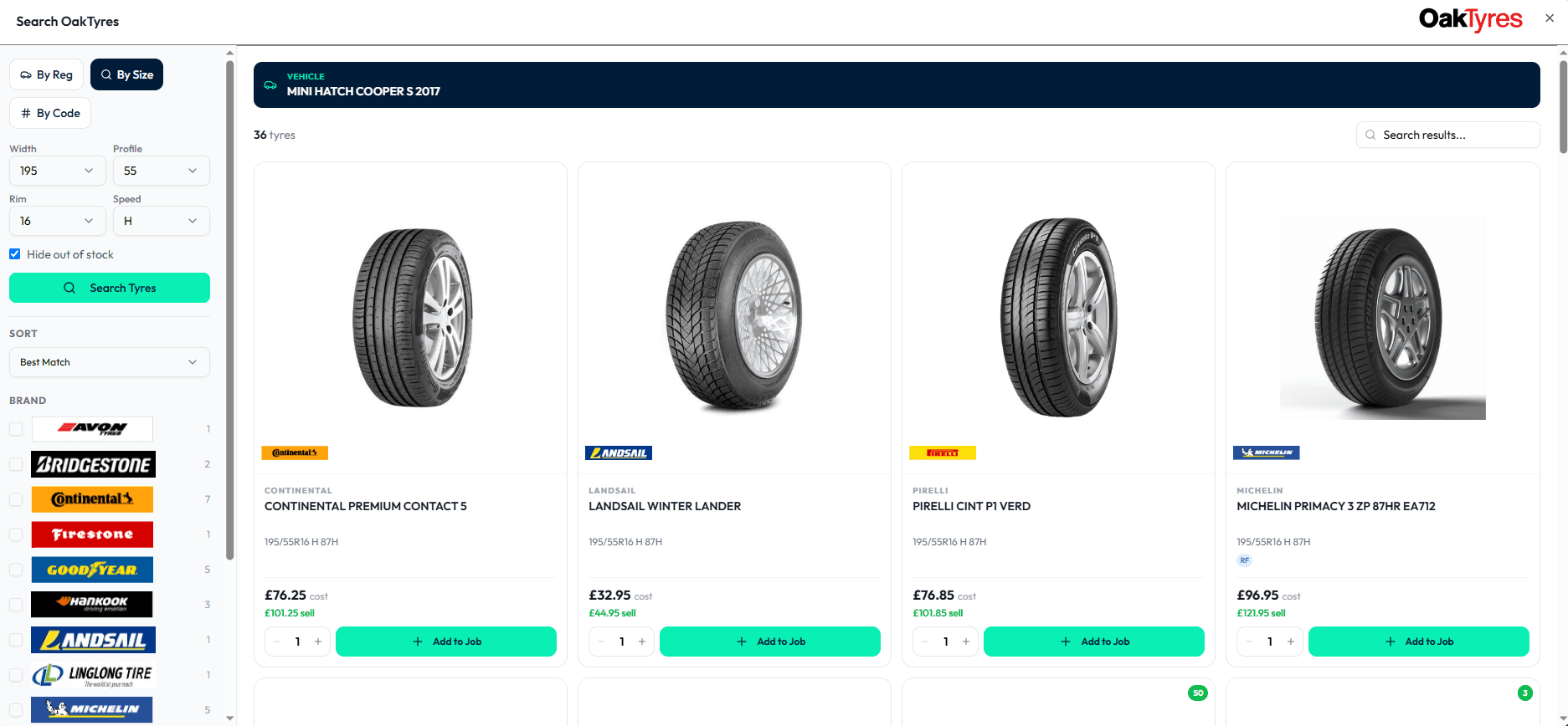 Searching Oak Tyres by size inside Autopilot, showing Continental, Landsail, Pirelli and Michelin tyres with cost and sell prices