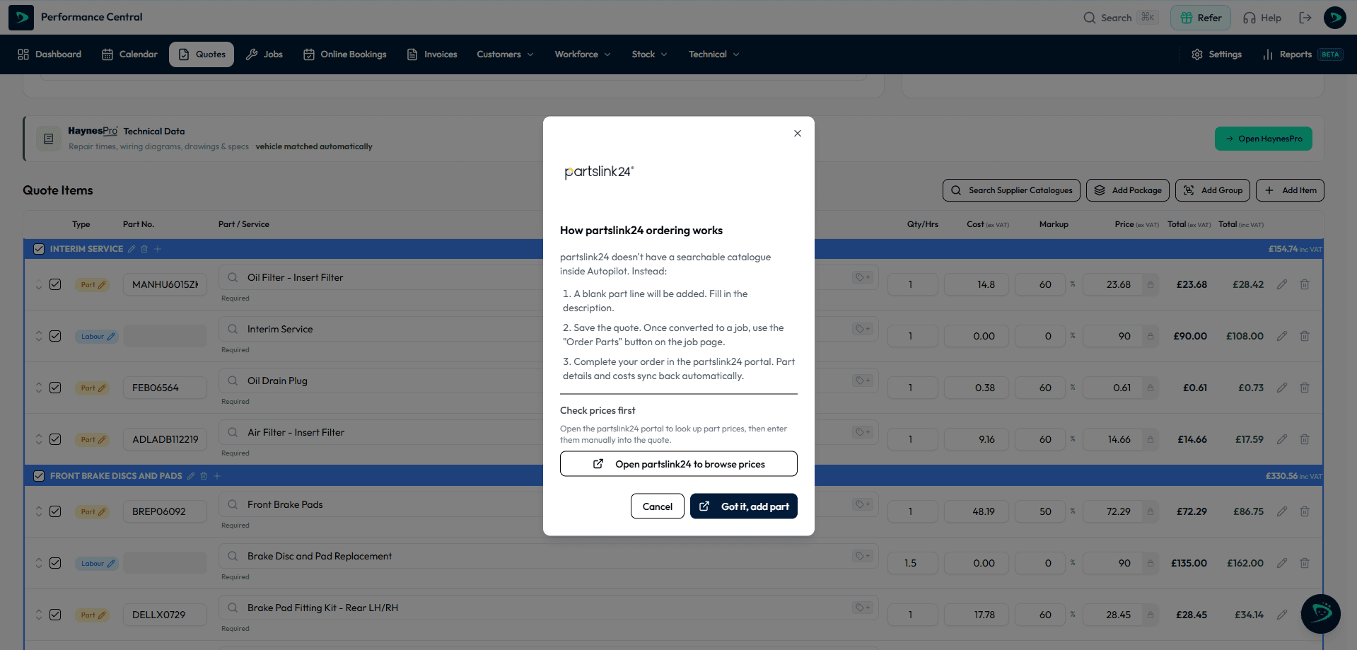 An Autopilot quote with the "How partslink24 ordering works" window open, explaining how a part is added, ordered in the partslink24 portal and synced back