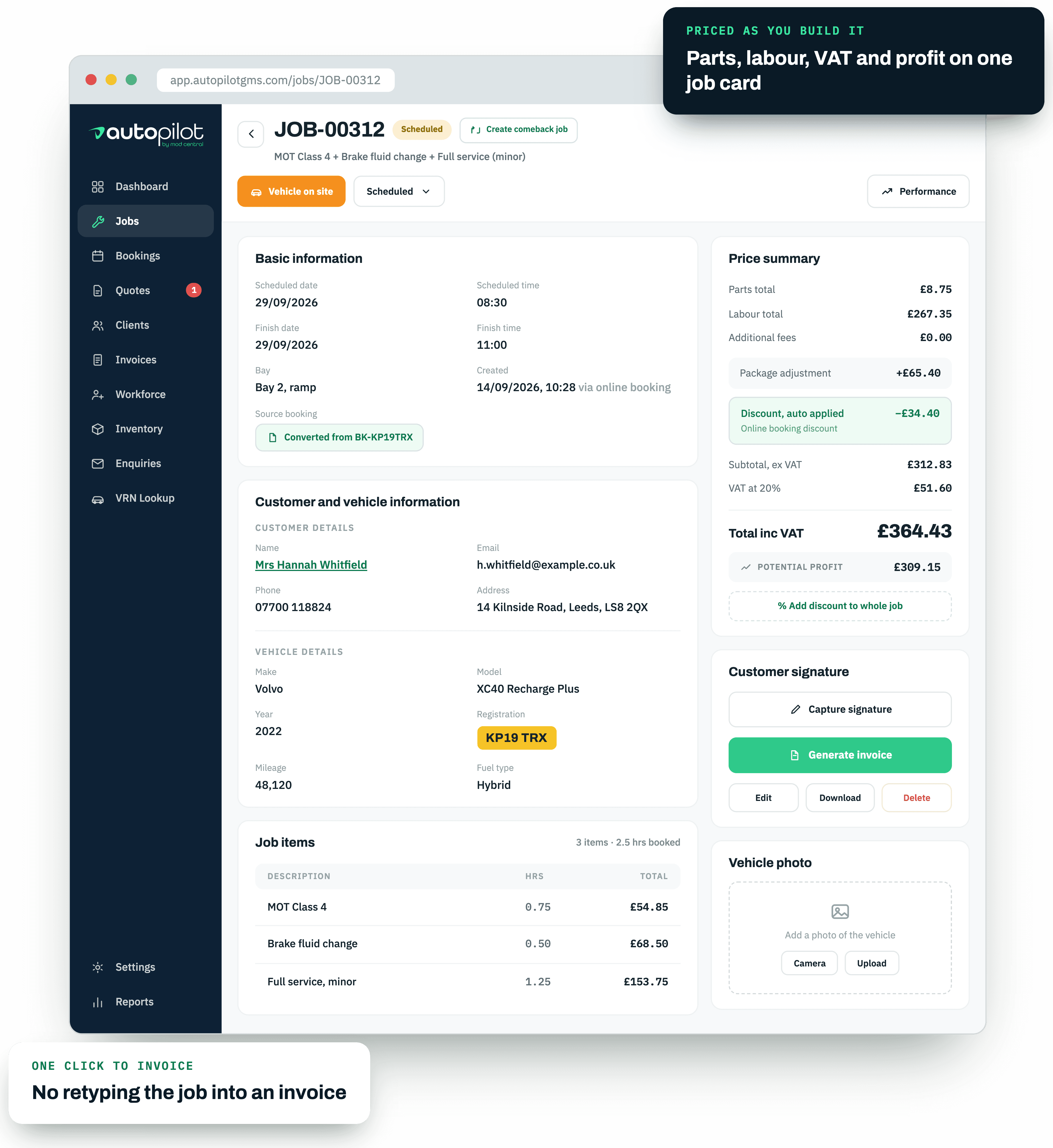 A job card in Autopilot's garage management software, showing jobs, bookings and invoices for a UK garage