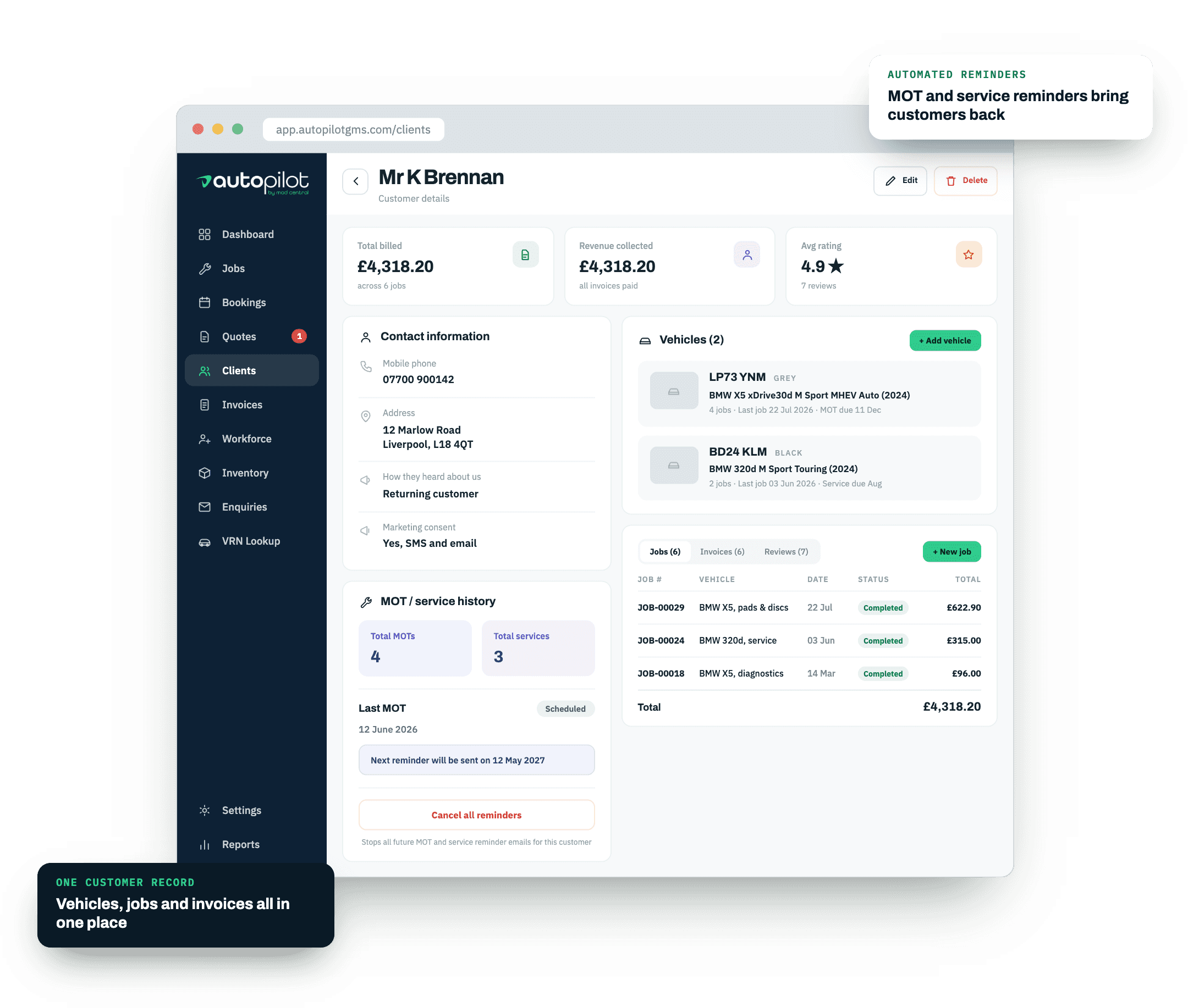 Customer management screen showing client records, vehicle history and communication timeline