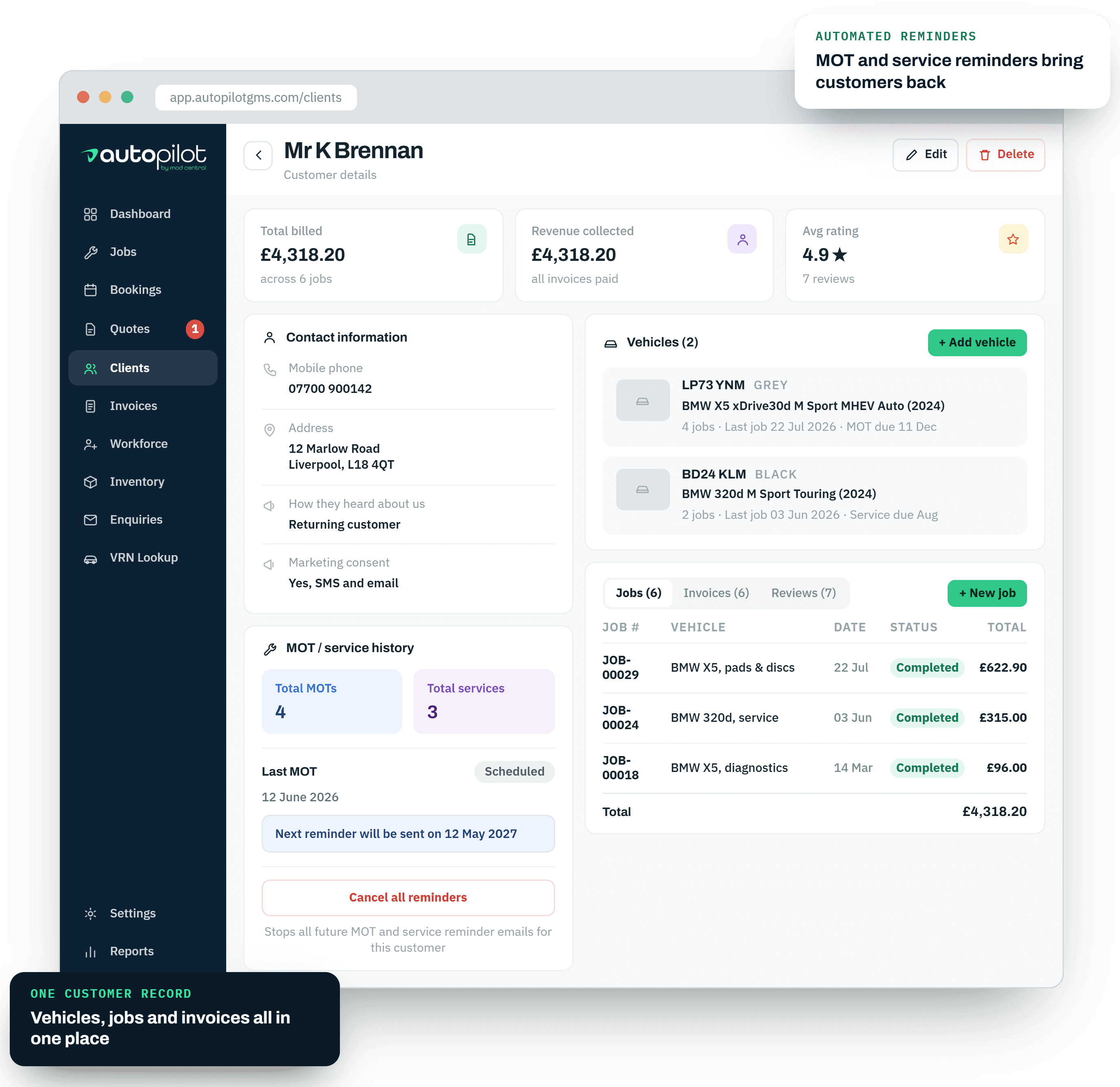 Customer management screen showing client records, vehicle history and communication timeline