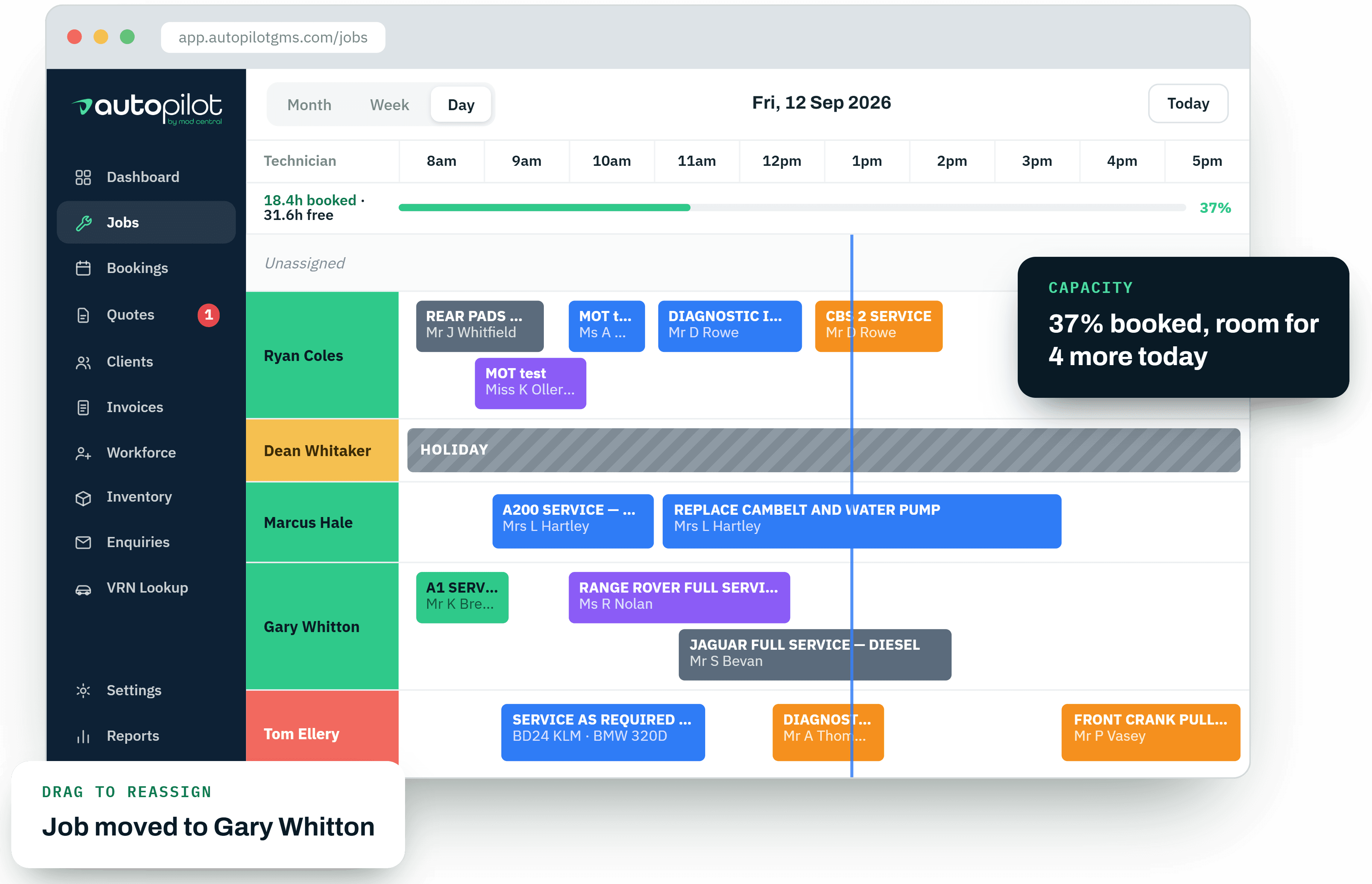 Technician diary view showing colour-coded jobs across the day, drag-and-drop scheduling and workshop capacity