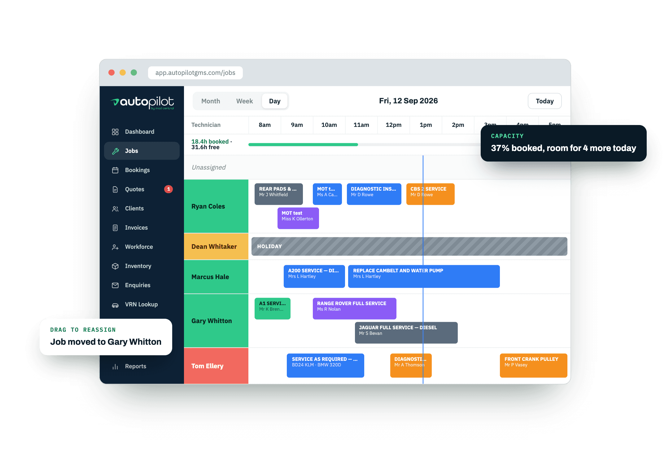Technician diary view showing colour-coded jobs across the day, drag-and-drop scheduling and workshop capacity
