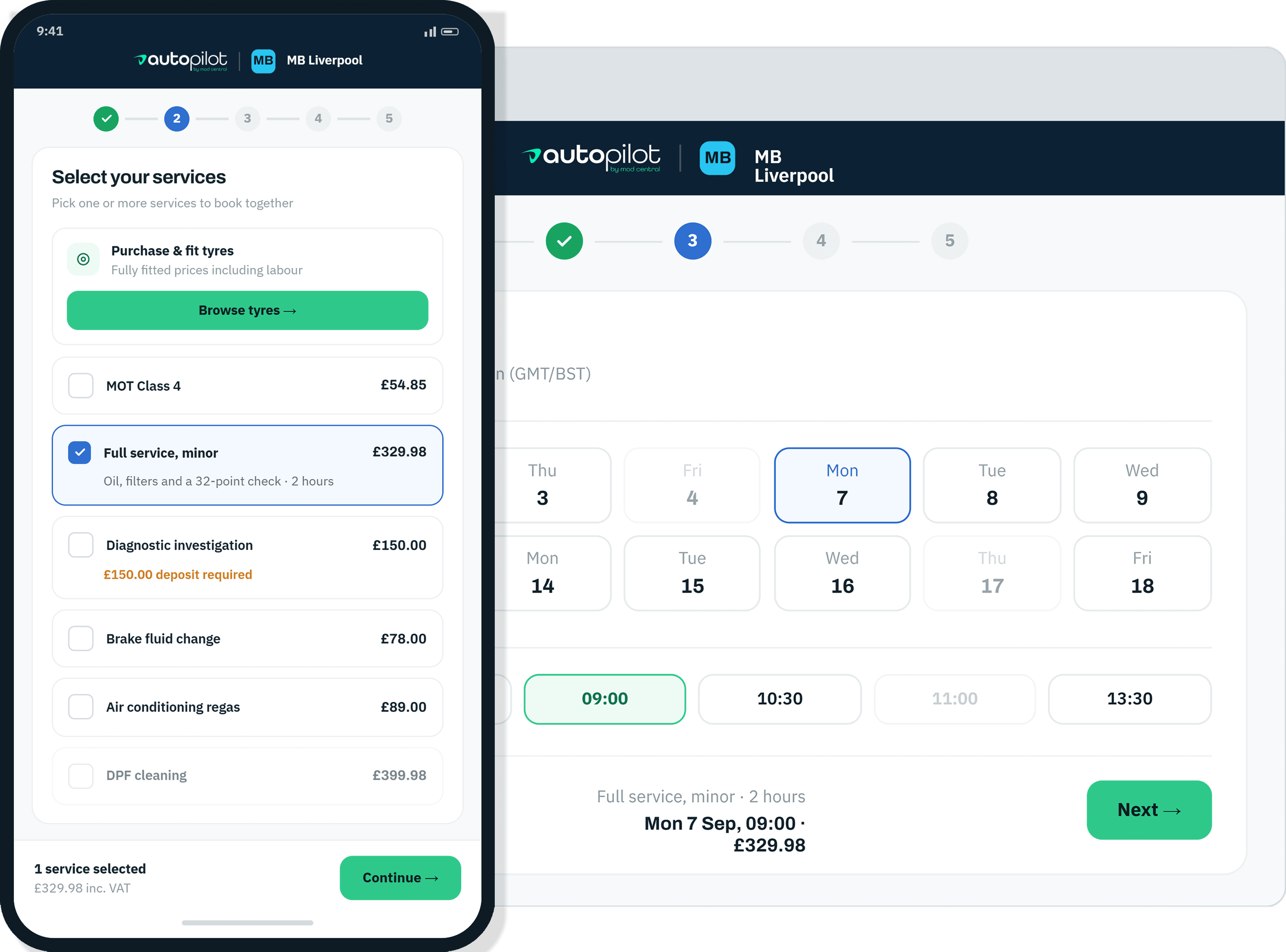 Online booking flow shown on phone and desktop, letting customers book a slot directly