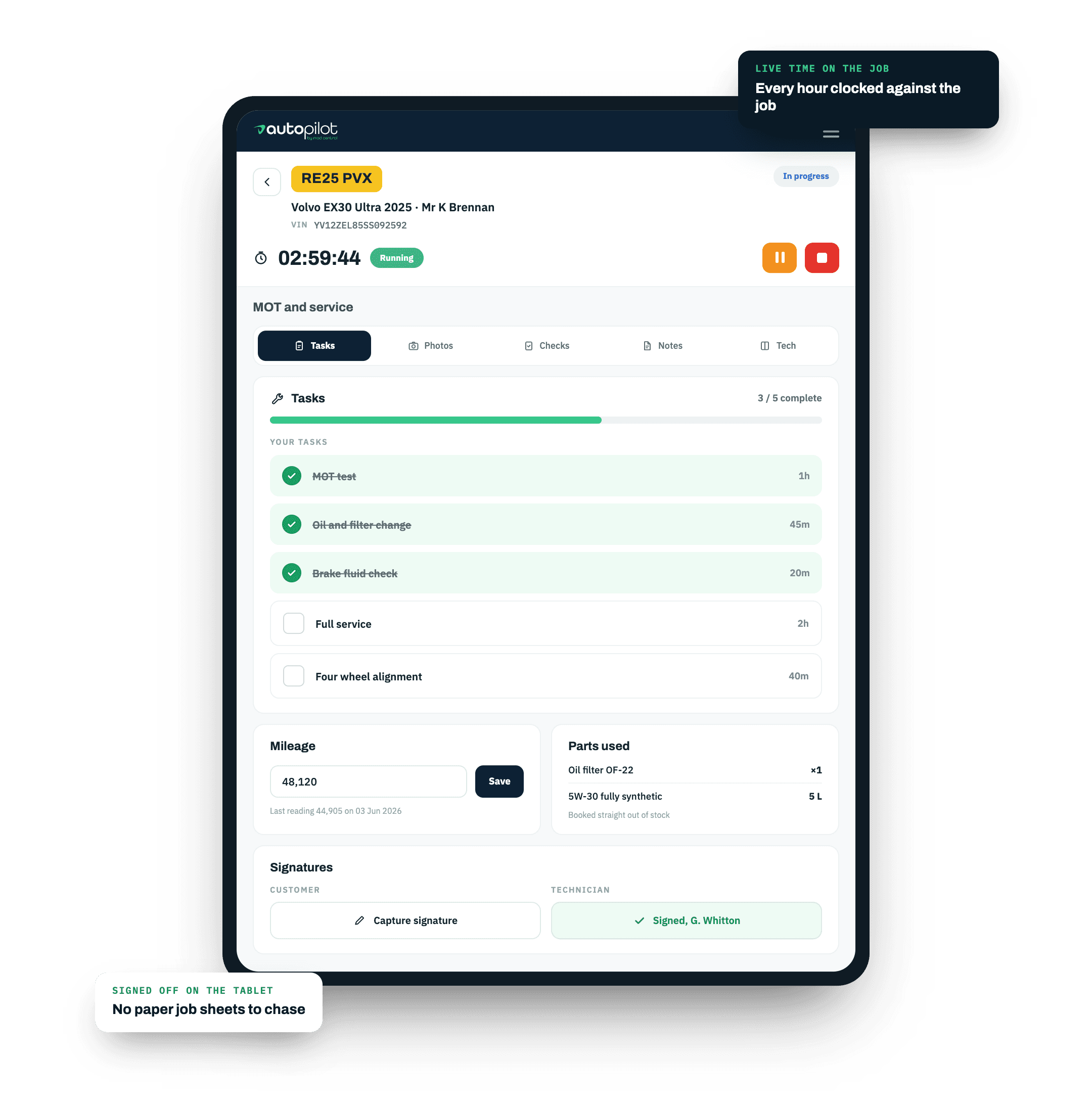 Technician tablet app showing an assigned job with its checklist and parts