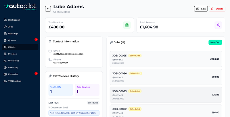 Autopilot client management showing customer profiles and vehicle history