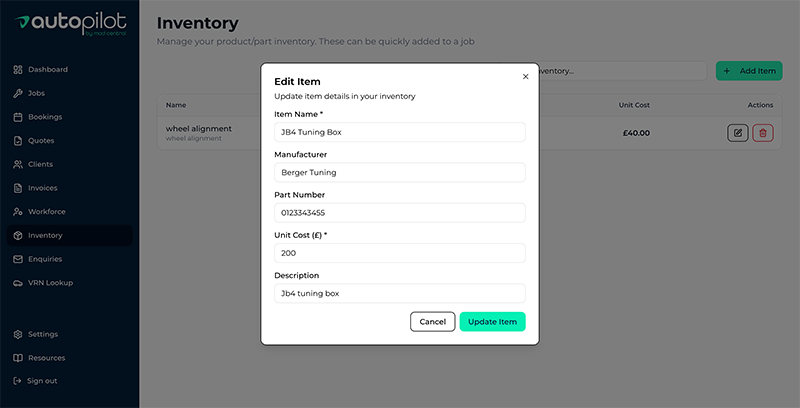 Inventory management showing stock levels