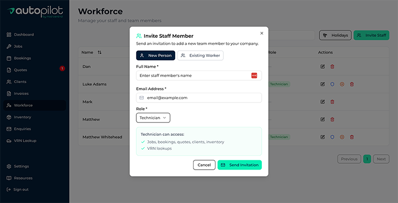 Workforce scheduling showing technician availability